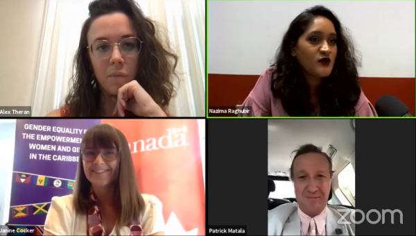 PHOTO:  Country Director of the Hebrew Immigrant Aid Society (HIAS) Alex Theran (top left),  President of the Guyana Press Association (GPA) Nazima Raghubir (top right),  Head of Development Cooperation at the Canadian High Commission Janine Cocker (bottom left) and  UNICEF Area Representative for Guyana and Suriname Nicolas Pron (bottom right)